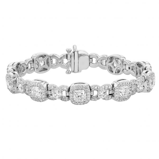 J.B. Star Cushion Diamond Halo & Pavé Link Bracelet in Platinum, 7"