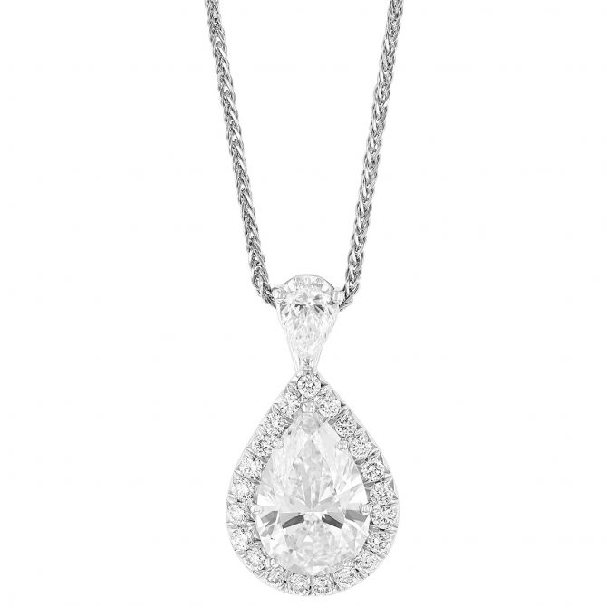 J.B. Star Pear Shaped Diamond Halo Pendant in Platinum, 18"