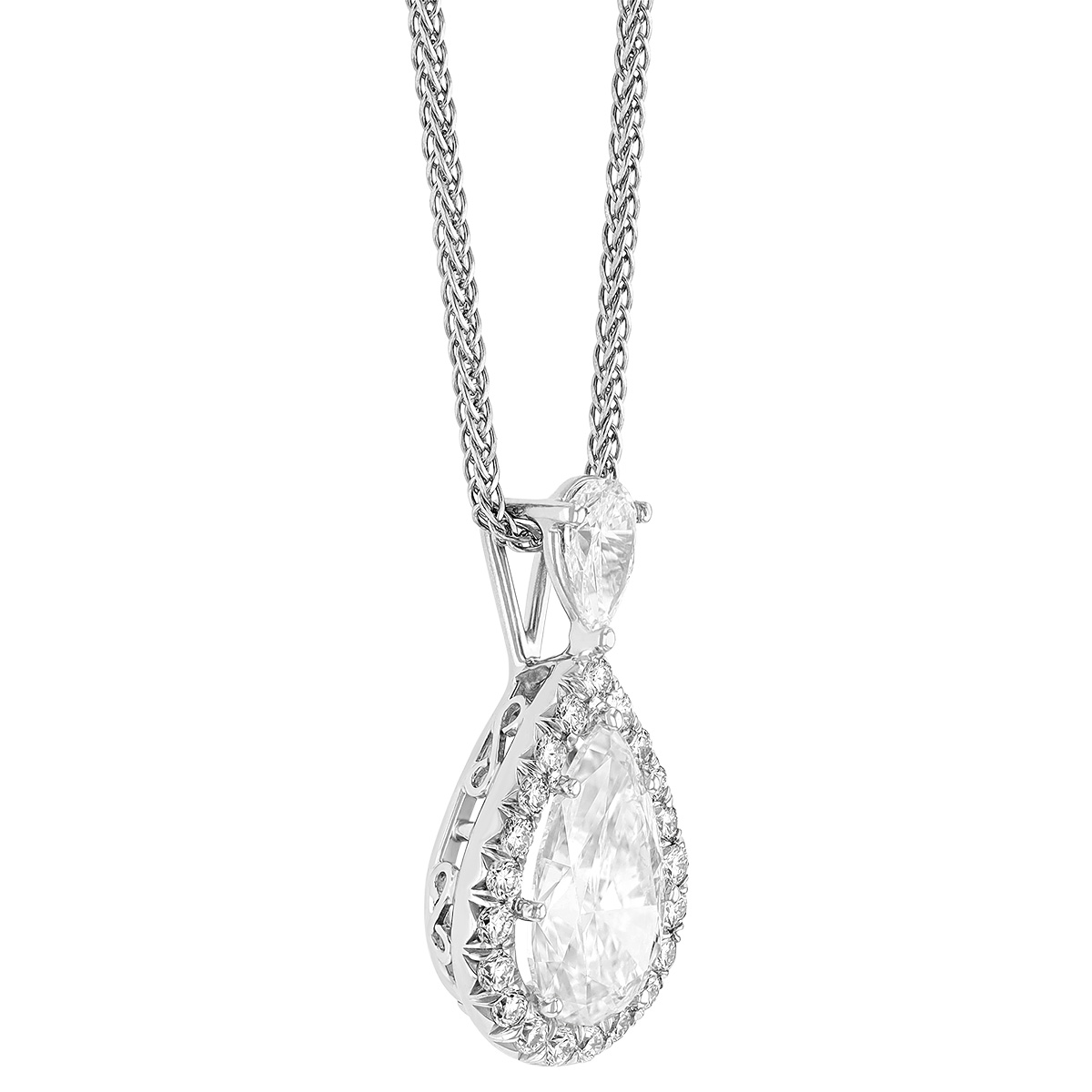J.B. Star Pear Shaped Diamond Halo Pendant in Platinum, 18