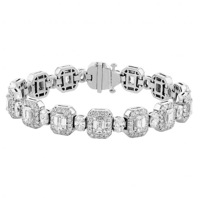 J.B. Star Emerald Cut & Oval Diamond Halo Bracelet in Platinum, 6.5"