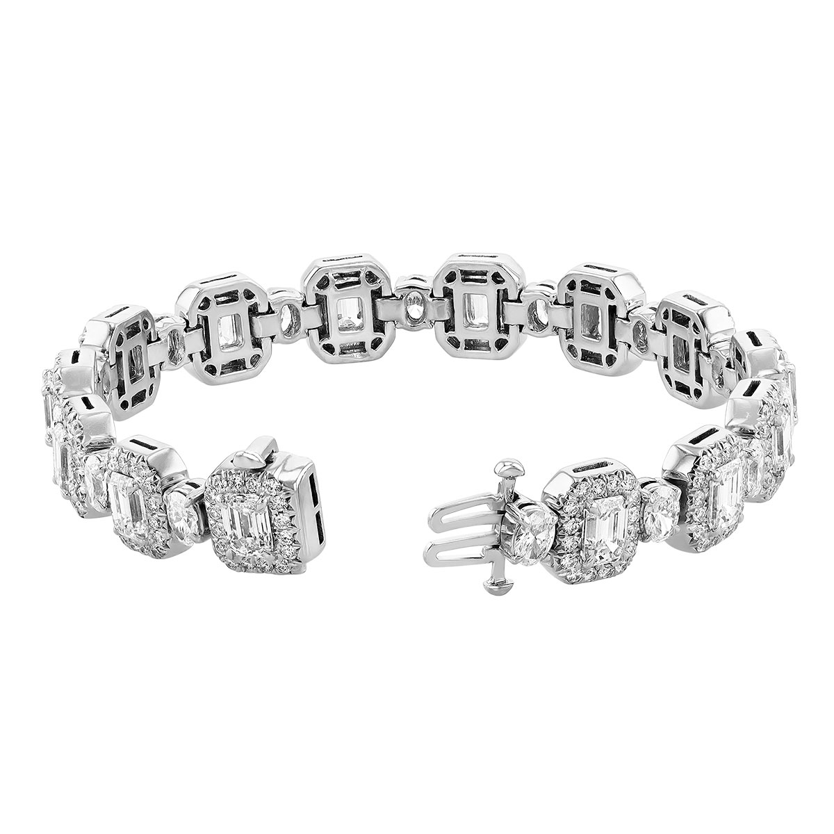 J.B. Star Emerald Cut & Oval Diamond Halo Bracelet in Platinum, 6.5