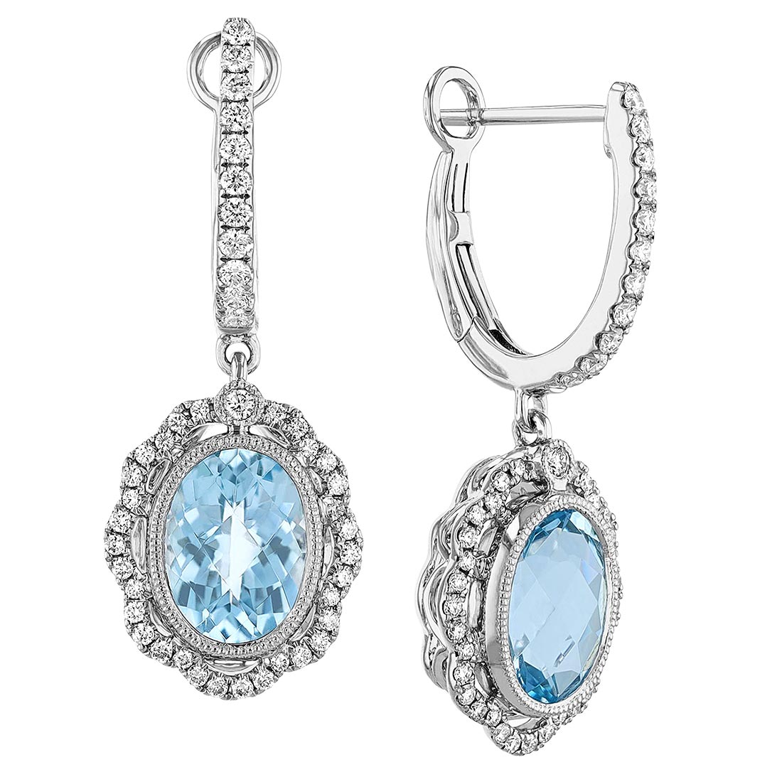 Oval Aquamarine & Diamond Scalloped Halo Dangle Earrings in White Gold