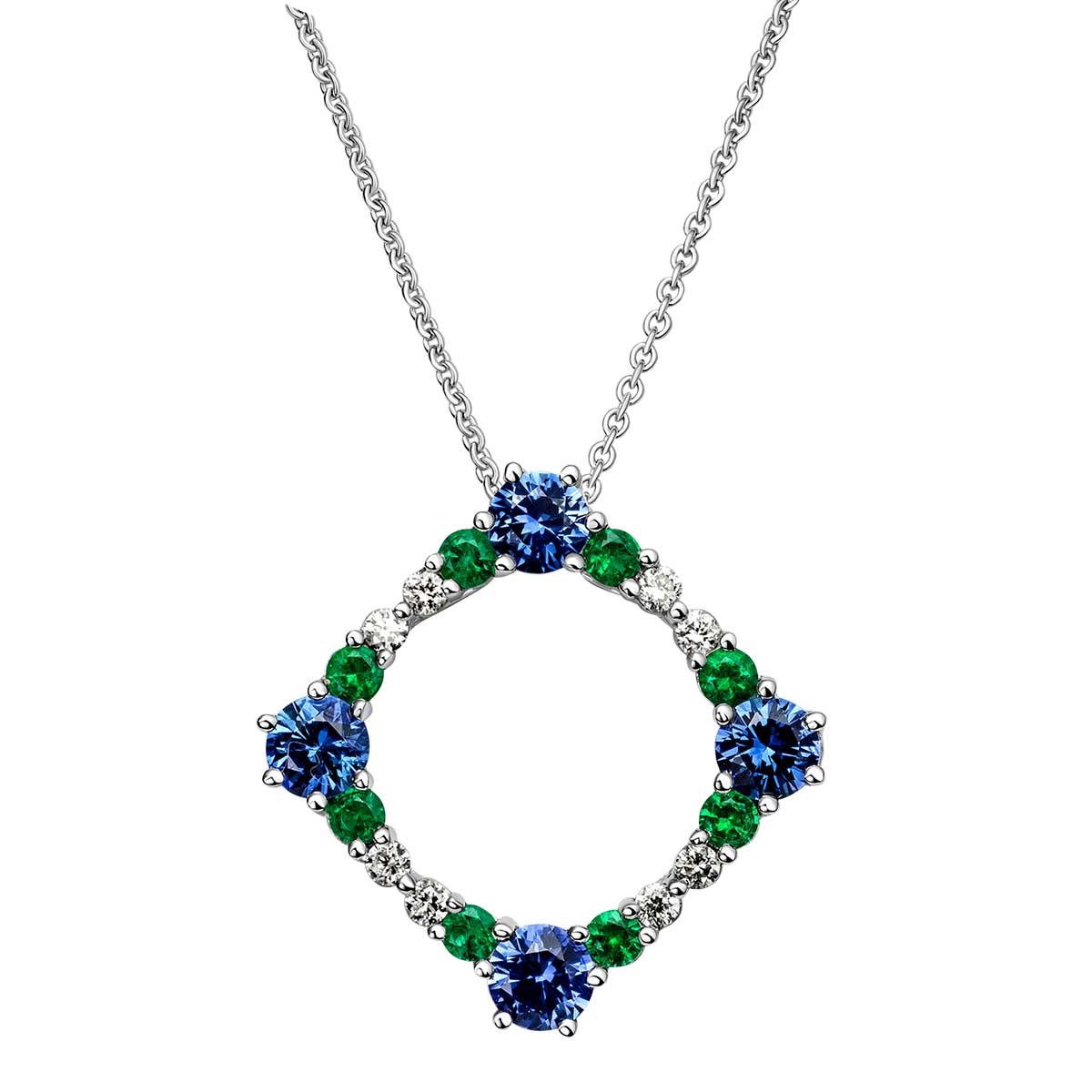 Sapphire, Emerald & Diamond Open Pendant in White Gold, 18" Borsheims