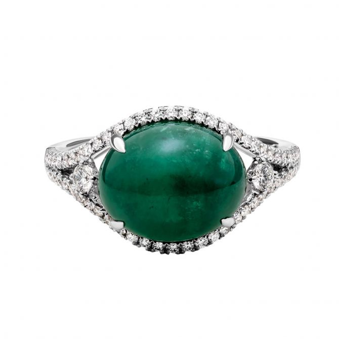 Oval Emerald Cabochon & Diamond Split Halo Ring in White Gold