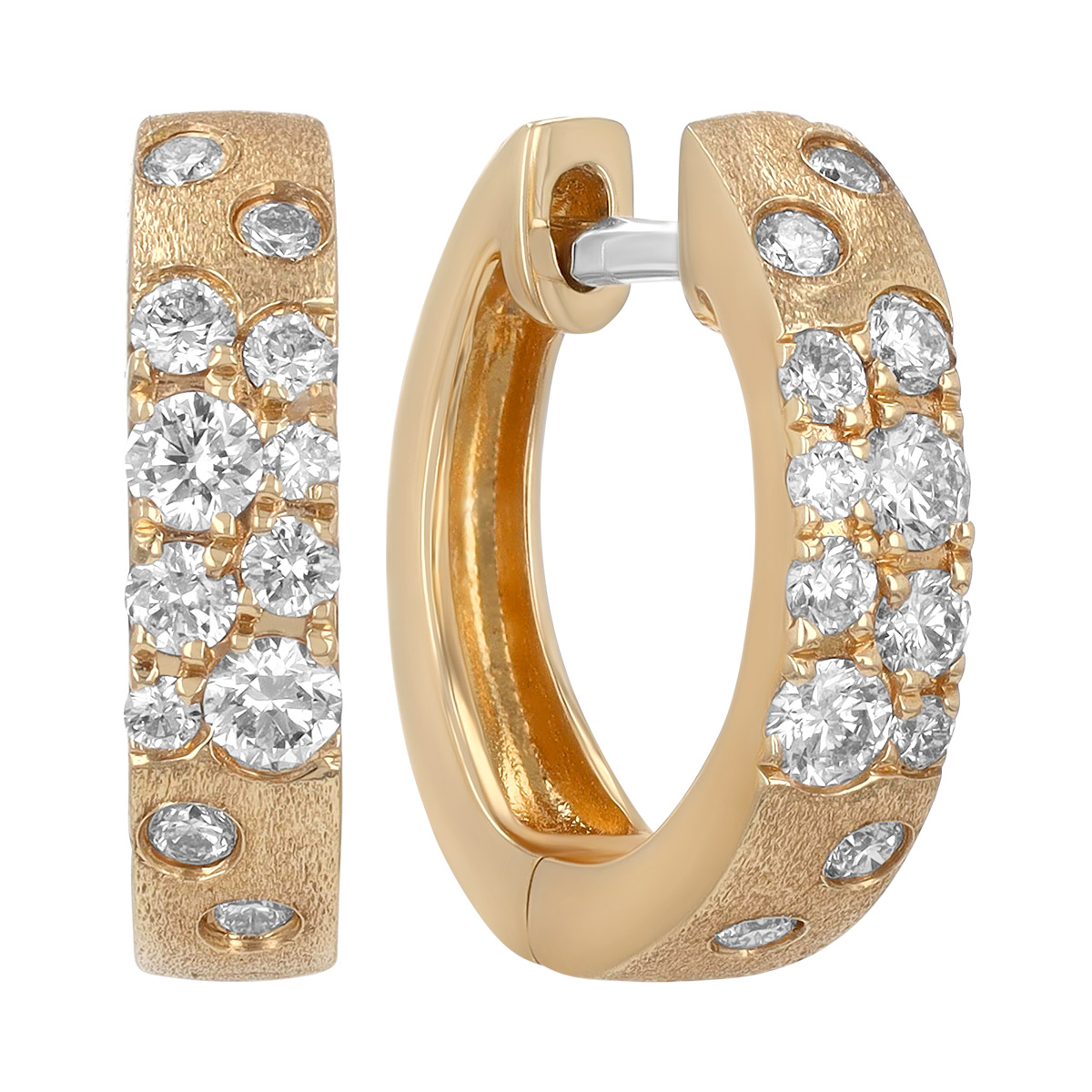 Flush Set Scattered Diamond Huggie Hoop Earrings in Yellow Gold