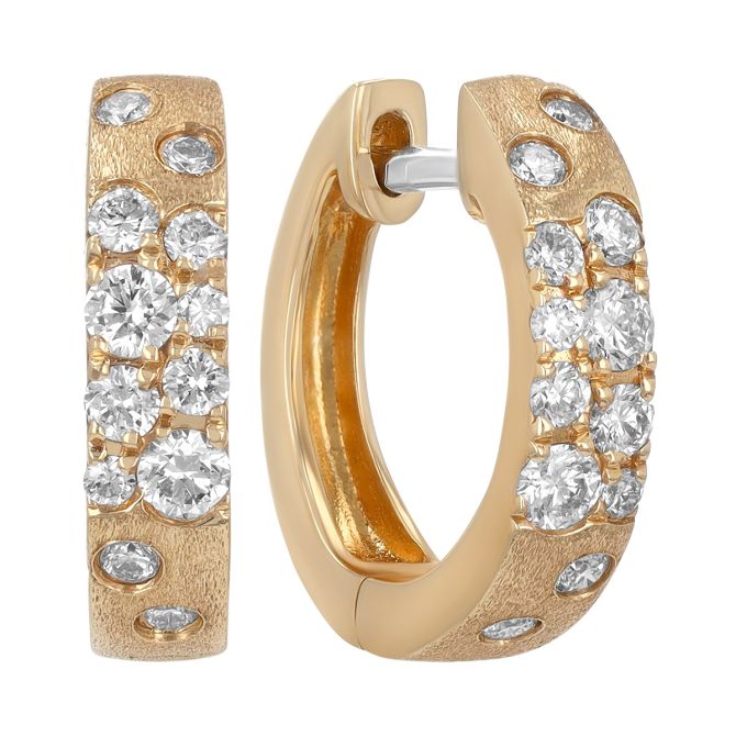 Flush Set Scattered Diamond Huggie Hoop Earrings in Yellow Gold