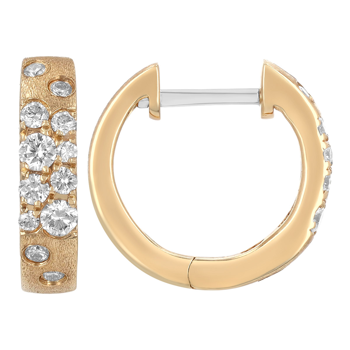 Flush Set Scattered Diamond Huggie Hoop Earrings in Yellow Gold
