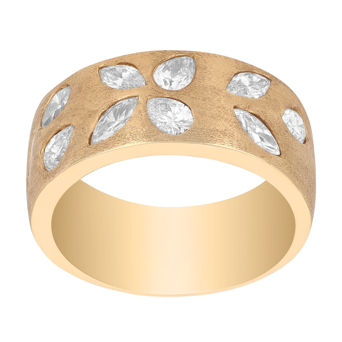 Flush Set Multi-Shape Diamond Wide Band Ring in Yellow Gold