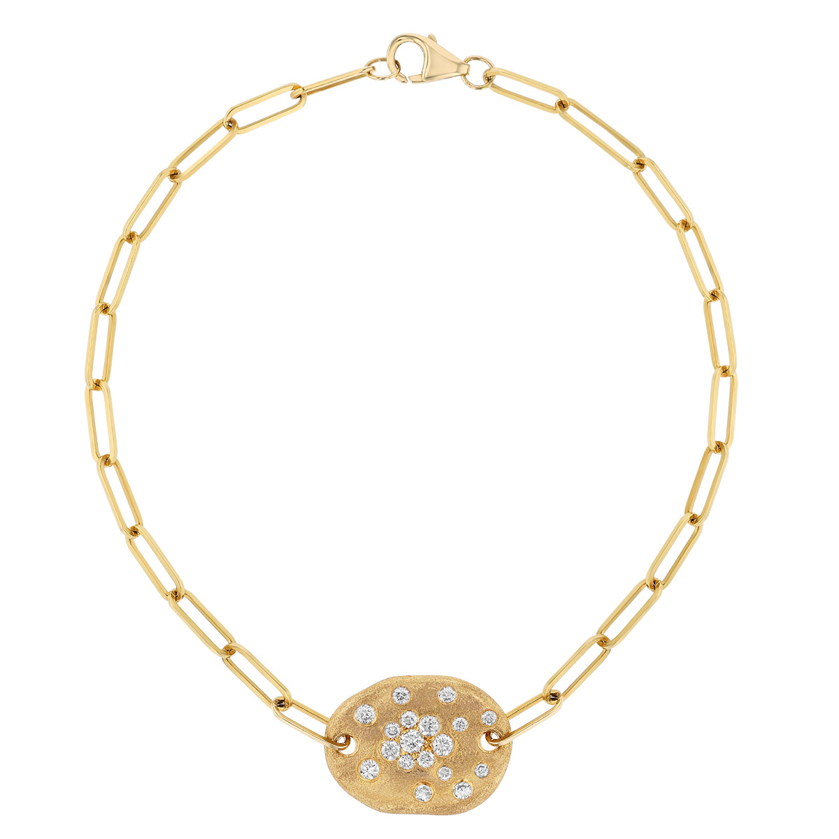 Flush Set Scattered Diamond Oval Bracelet with Paperclip Chain in Yellow Gold, 7