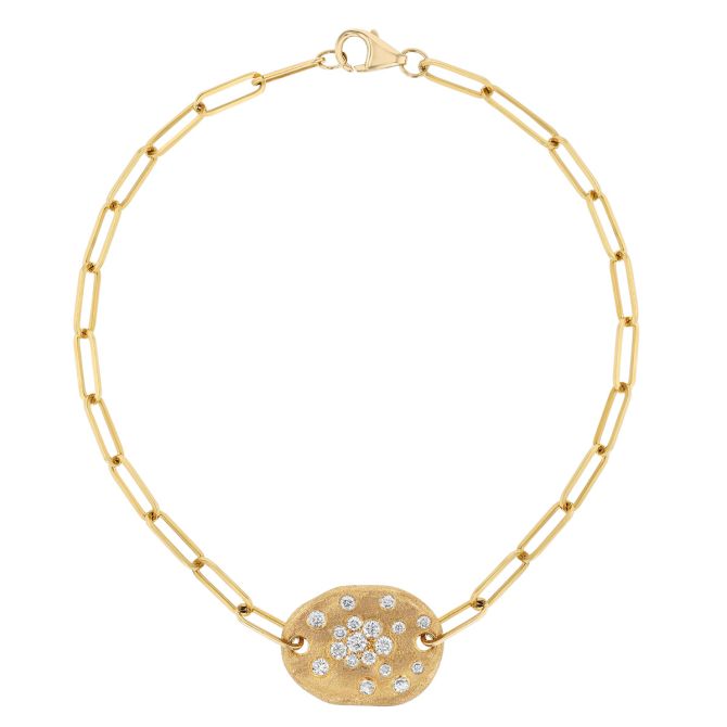 Flush Set Scattered Diamond Oval Bracelet with Paperclip Chain in Yellow Gold, 7"