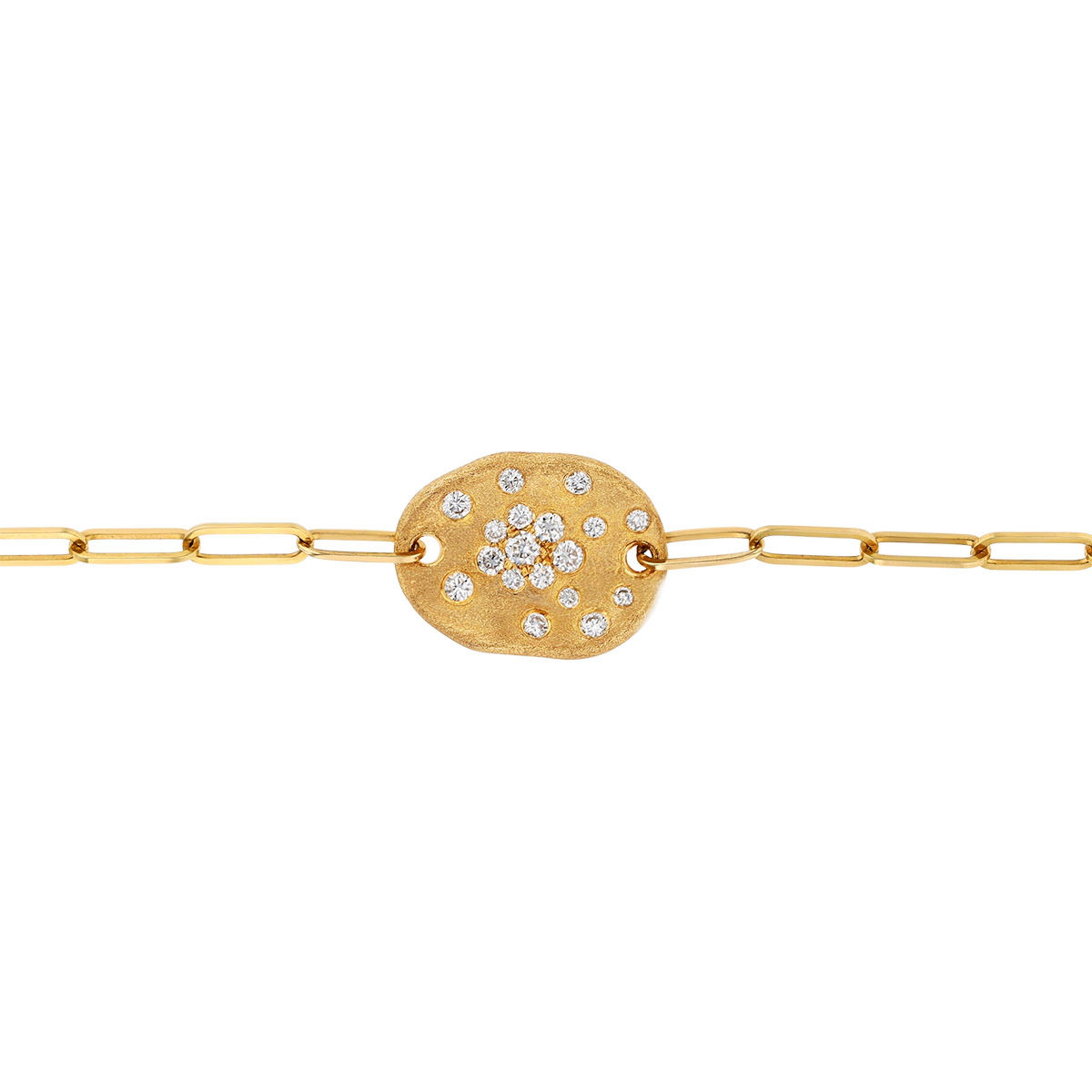 Flush Set Scattered Diamond Oval Bracelet with Paperclip Chain in Yellow Gold, 7