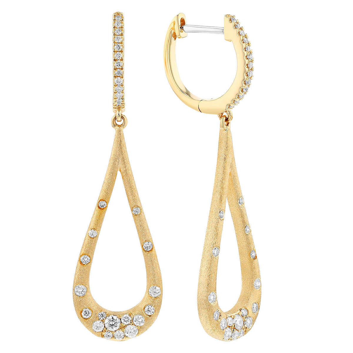 Flush Set Scattered Diamond Teardrop Shape Dangle Hoop Earrings in Yellow Gold