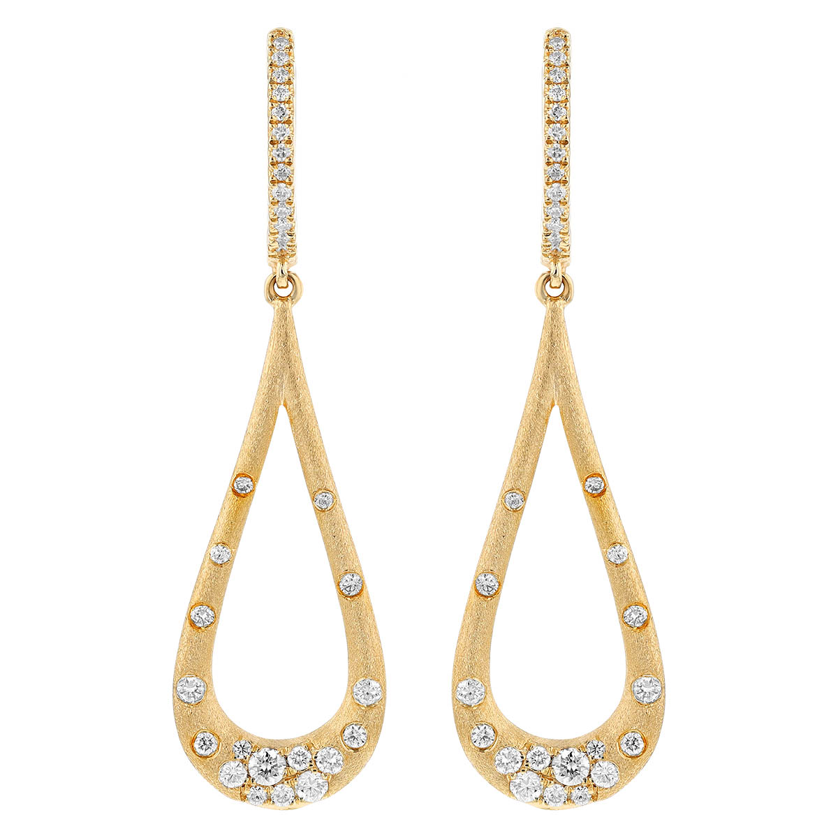 Flush Set Scattered Diamond Teardrop Shape Dangle Hoop Earrings in Yellow Gold