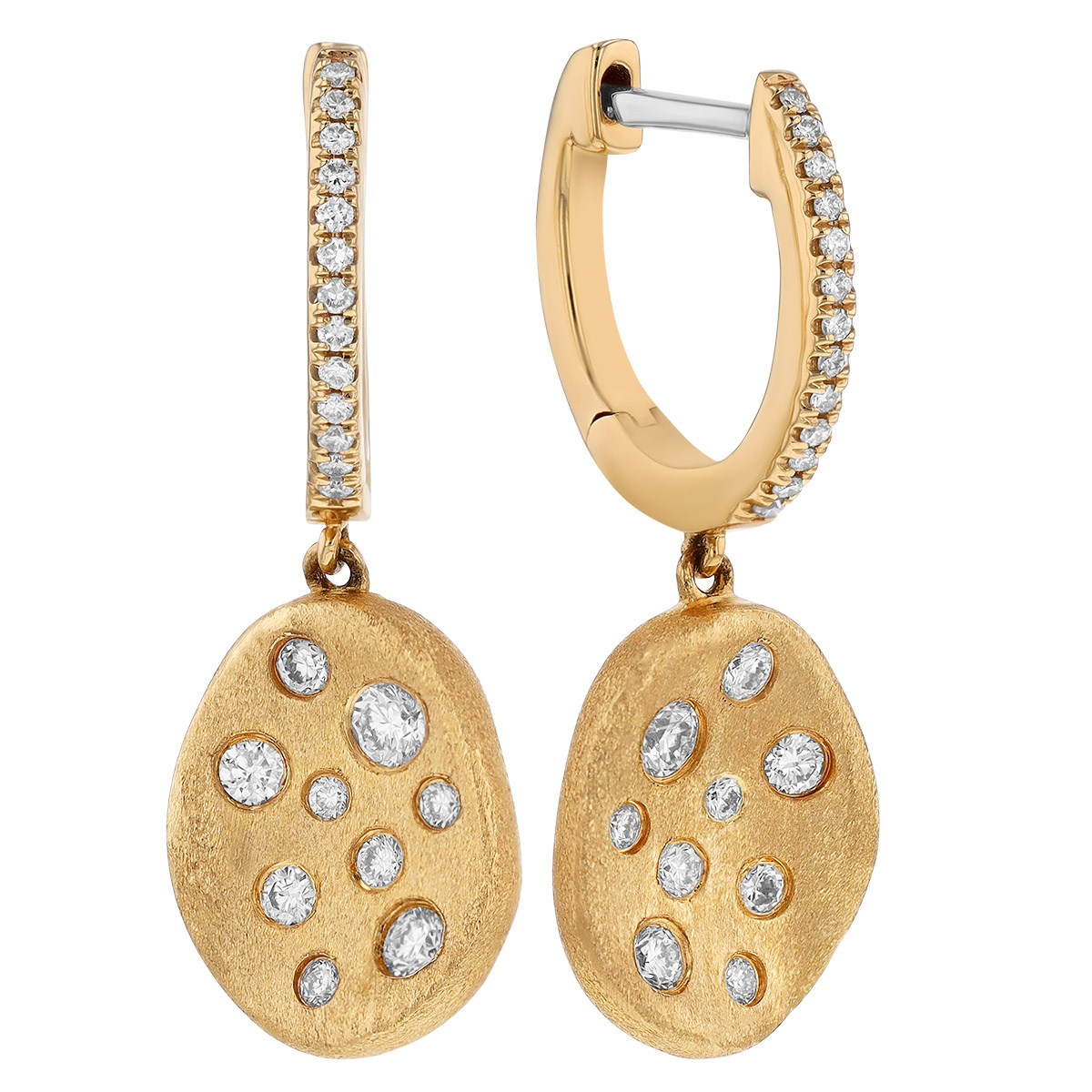 Flush Set Diamond Oval Dangle Hoop Earrings in Yellow Gold