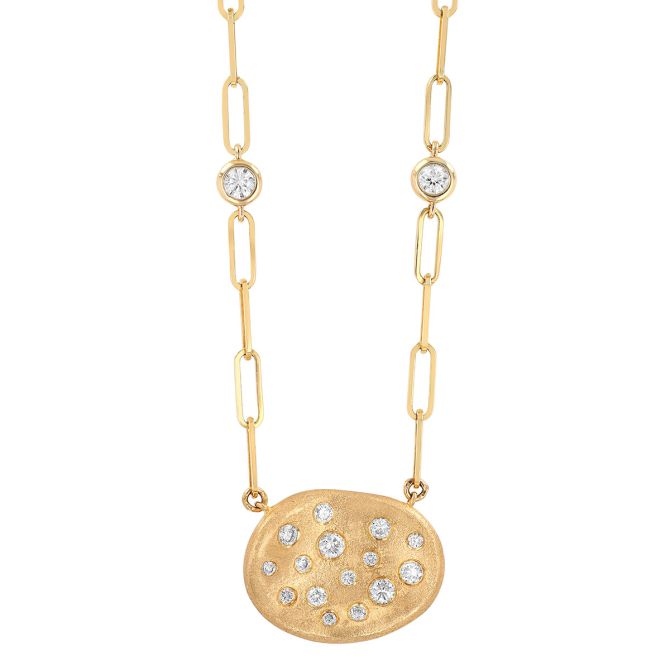 Flush Set Diamond Oval Pendant with Diamond Stations & Paperclip Chain in Yellow Gold, 18"