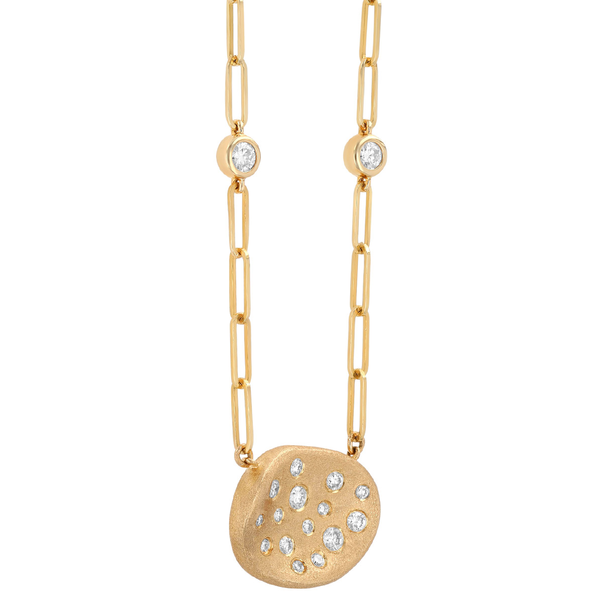 Flush Set Diamond Oval Pendant with Diamond Stations & Paperclip Chain in Yellow Gold, 18