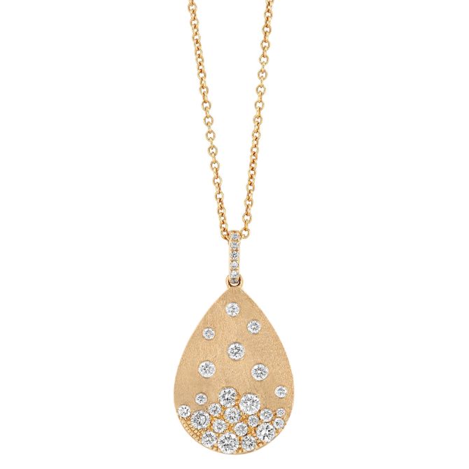Flush Set Scattered Diamond Teardrop Pendant in Yellow Gold, 18"