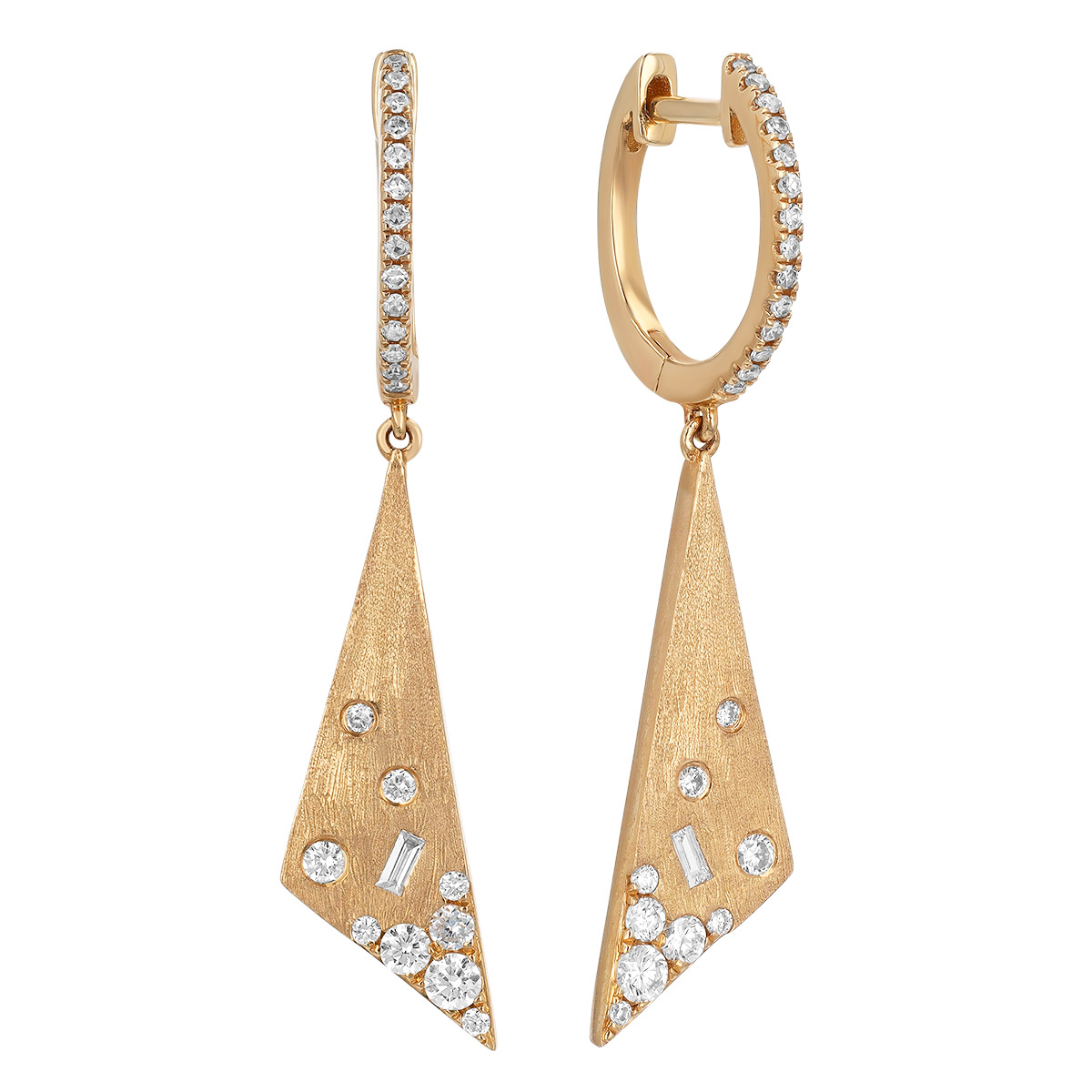Flush Set Multi-Shape Diamond Elongated Triangle Dangle Hoop Earrings in Yellow Gold