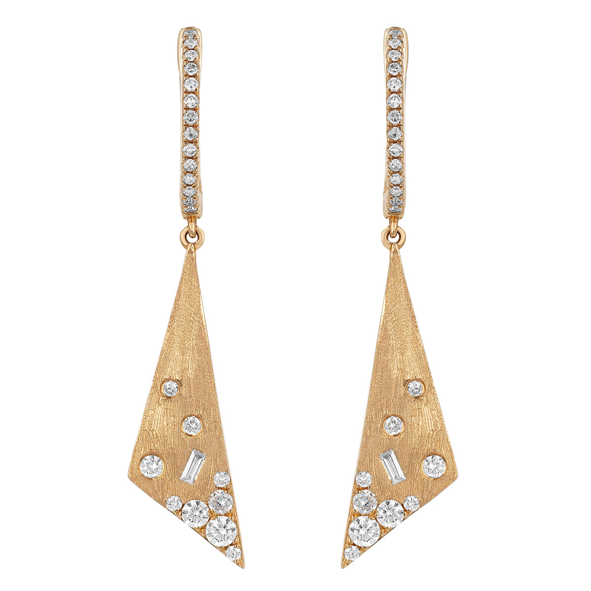 Flush Set Multi-Shape Diamond Elongated Triangle Dangle Hoop Earrings in Yellow Gold