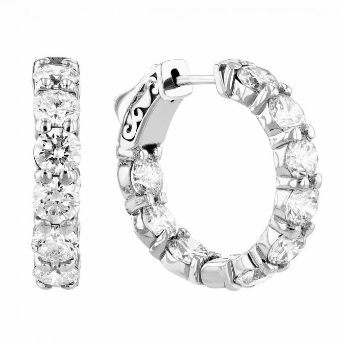 Diamond Inside Out Shared Prong Huggie Hoop Earrings in White Gold, 5.45 aptw
