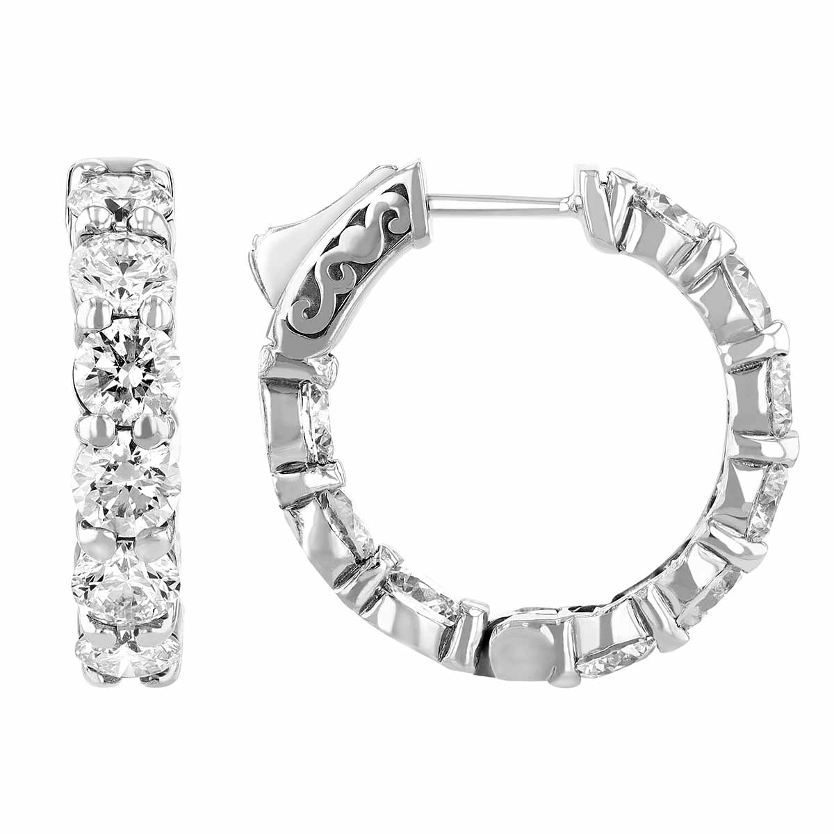 Diamond Inside Out Shared Prong Huggie Hoop Earrings in White Gold, 5.45 aptw