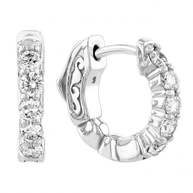 Diamond Shared Prong Huggie Hoop Earrings in White Gold, 0.45 aptw