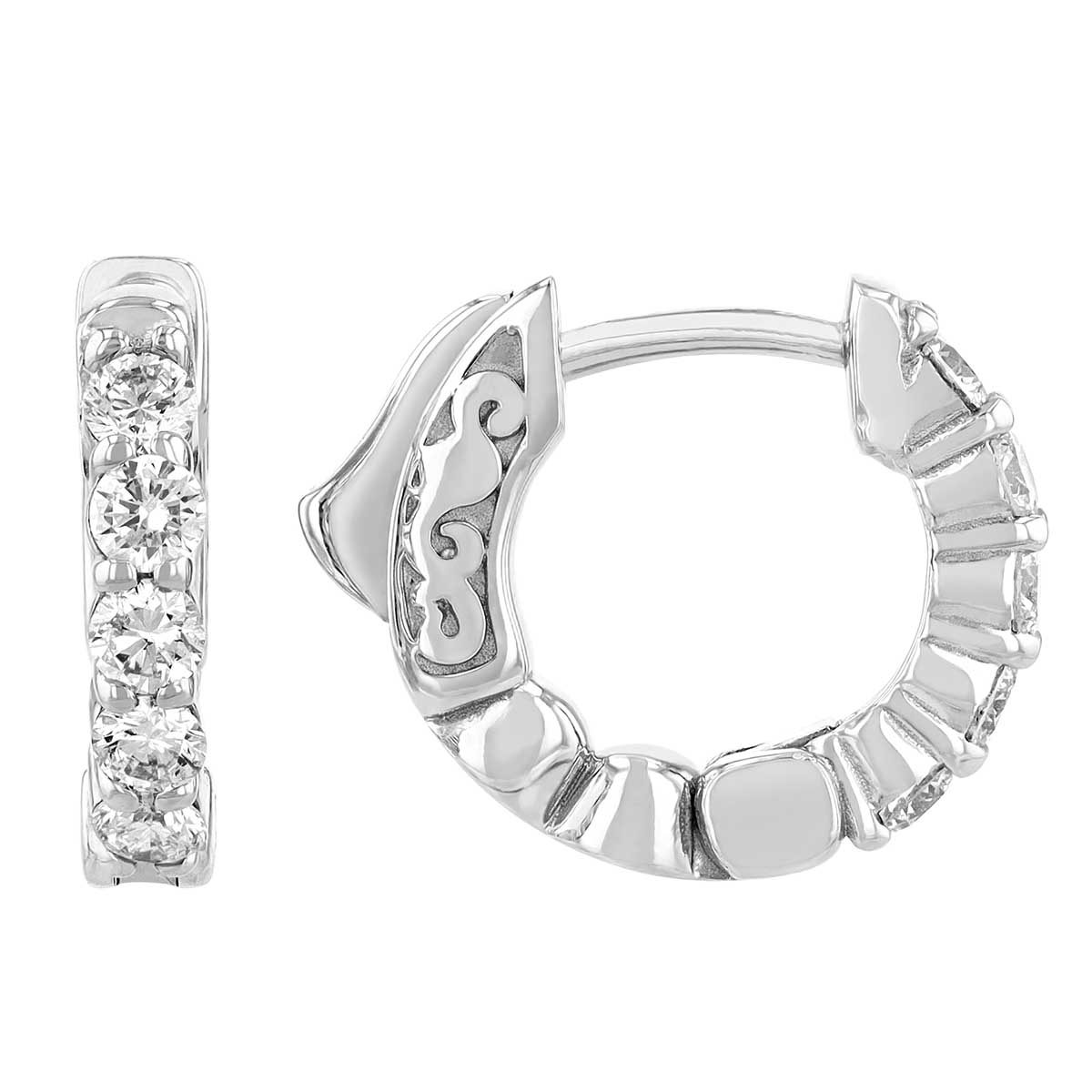 Diamond Shared Prong Huggie Hoop Earrings in White Gold, 0.45 aptw
