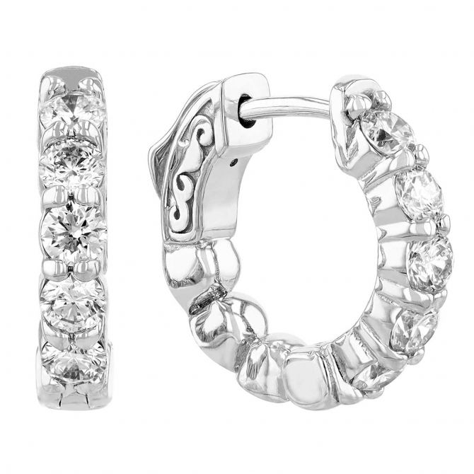 Diamond Shared Prong Huggie Hoop Earrings in White Gold, 1.00 aptw