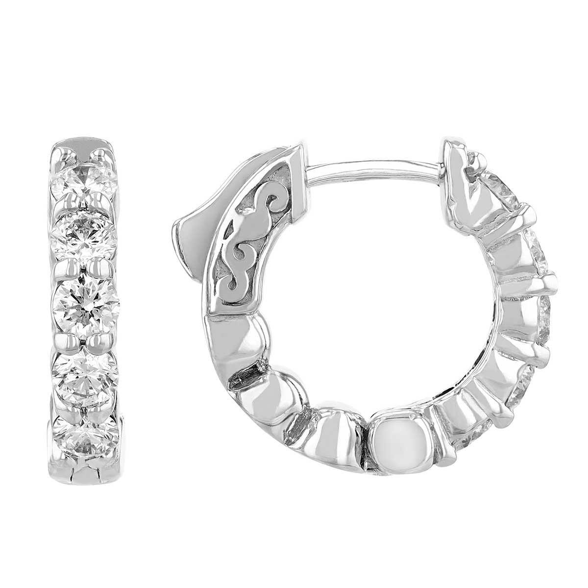 Diamond Shared Prong Huggie Hoop Earrings in White Gold, 1.00 aptw