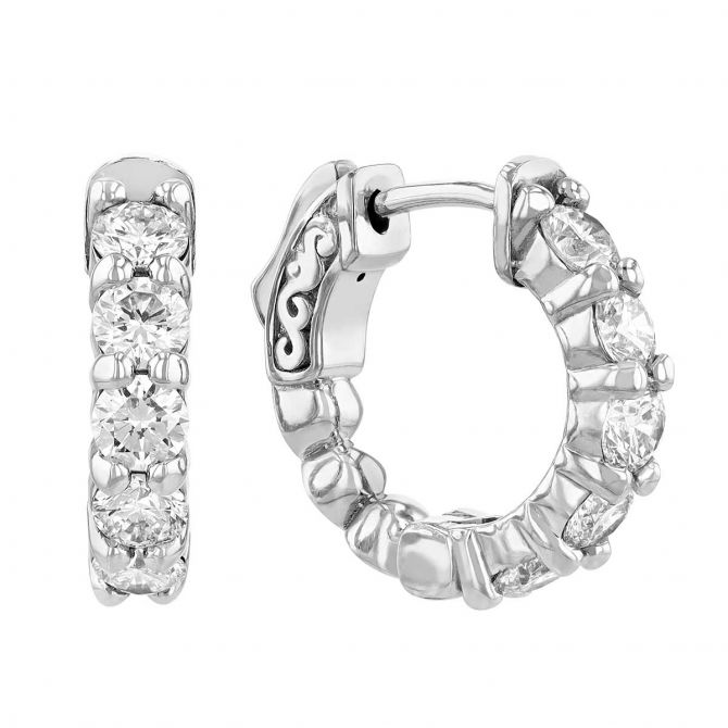 Diamond Shared Prong Huggie Hoop Earrings in White Gold, 1.45 aptw