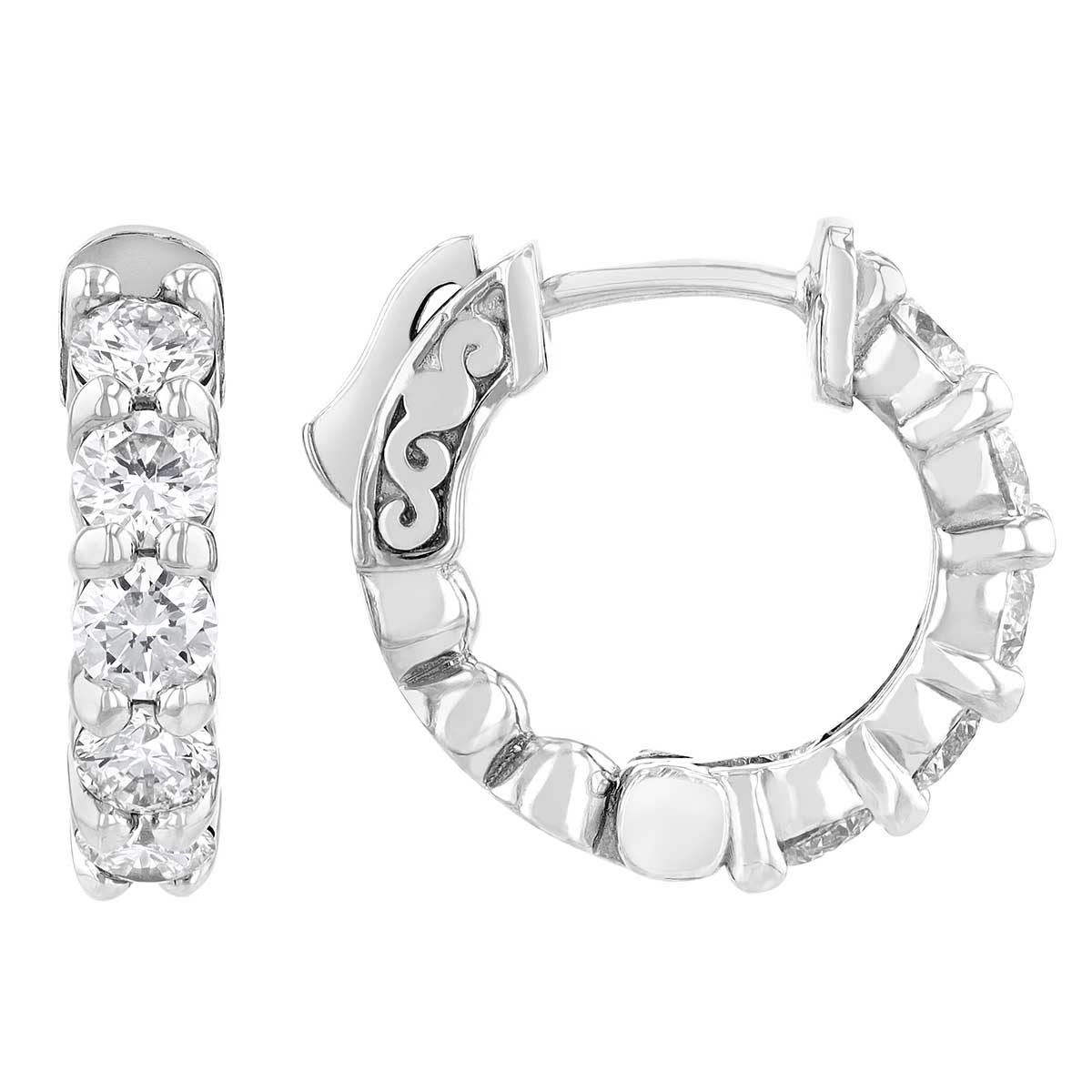 Diamond Shared Prong Huggie Hoop Earrings in White Gold, 1.45 aptw