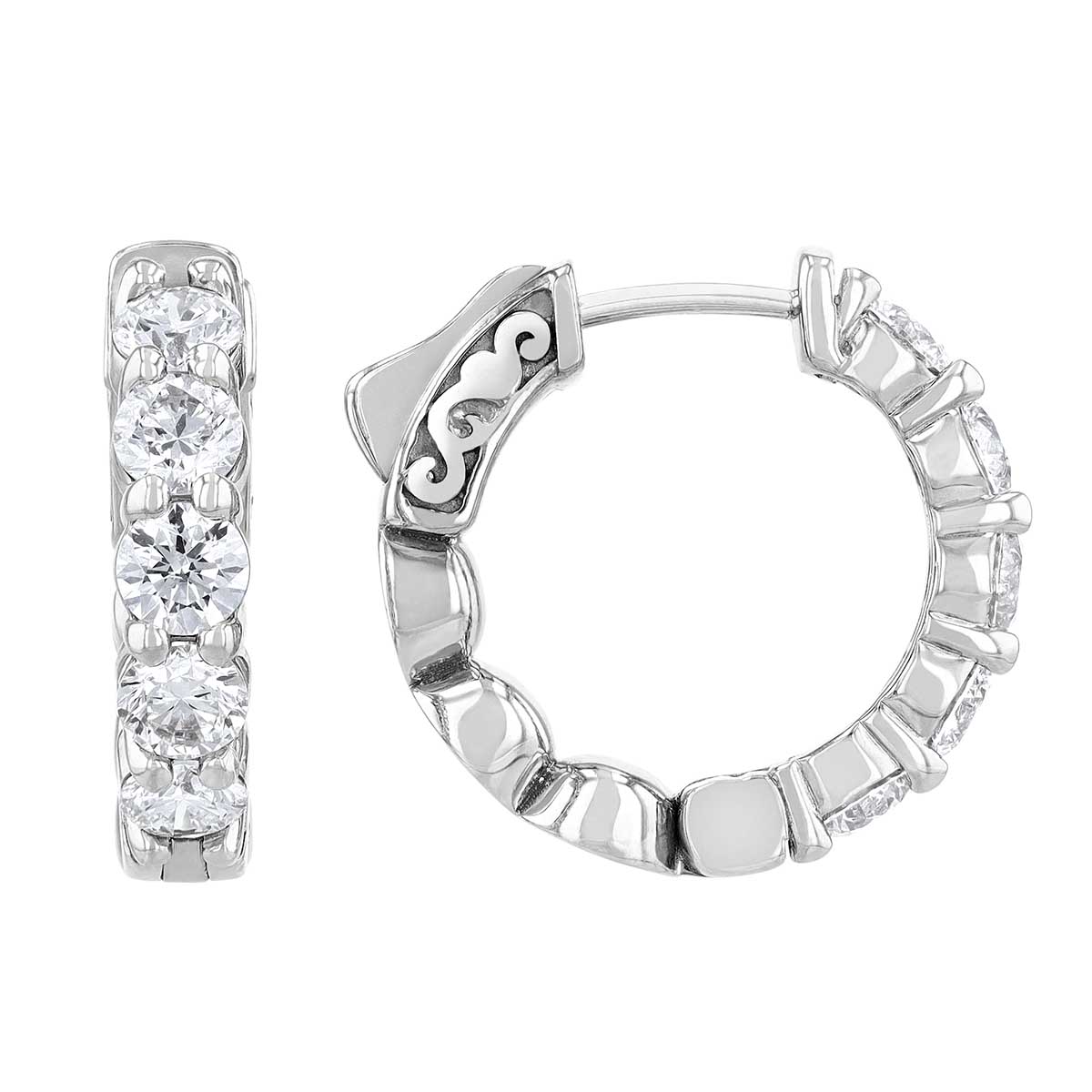 Diamond Shared Prong Huggie Hoop Earrings in White Gold, 1.90 aptw