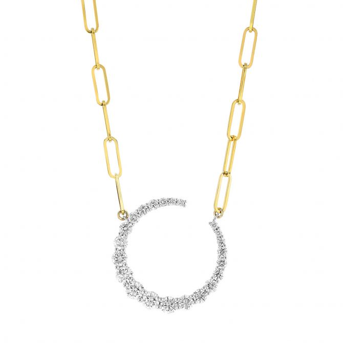 Graduated Diamond Open Circle Pendant in White & Yellow Gold, 18"