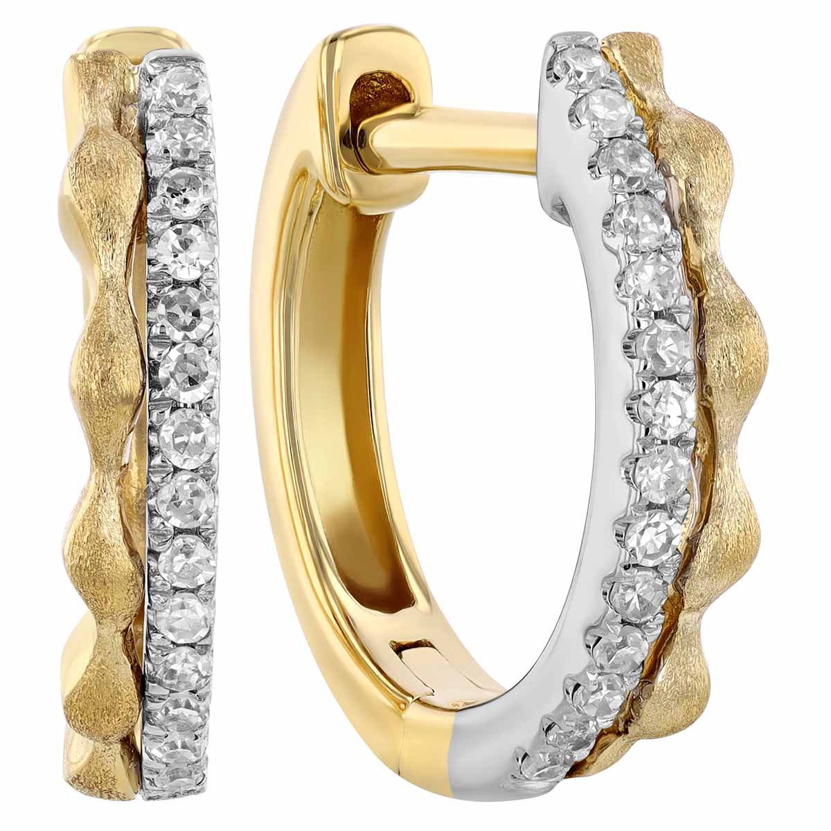 Diamond Huggie Hoop Earrings in White & Matte Yellow Gold