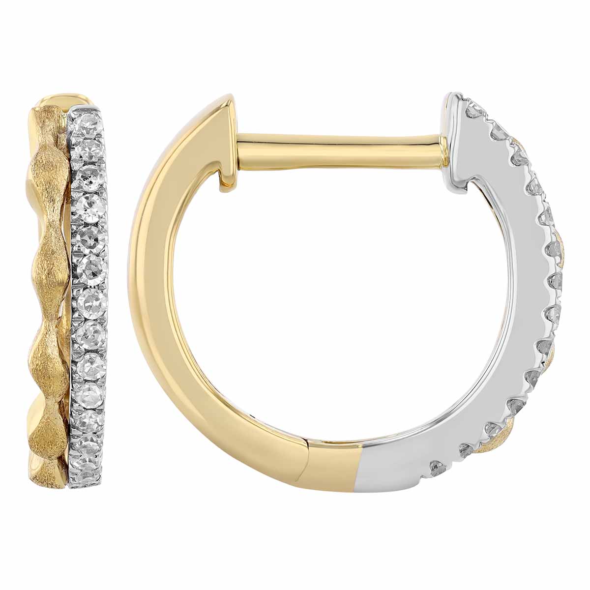 Diamond Huggie Hoop Earrings in White & Matte Yellow Gold