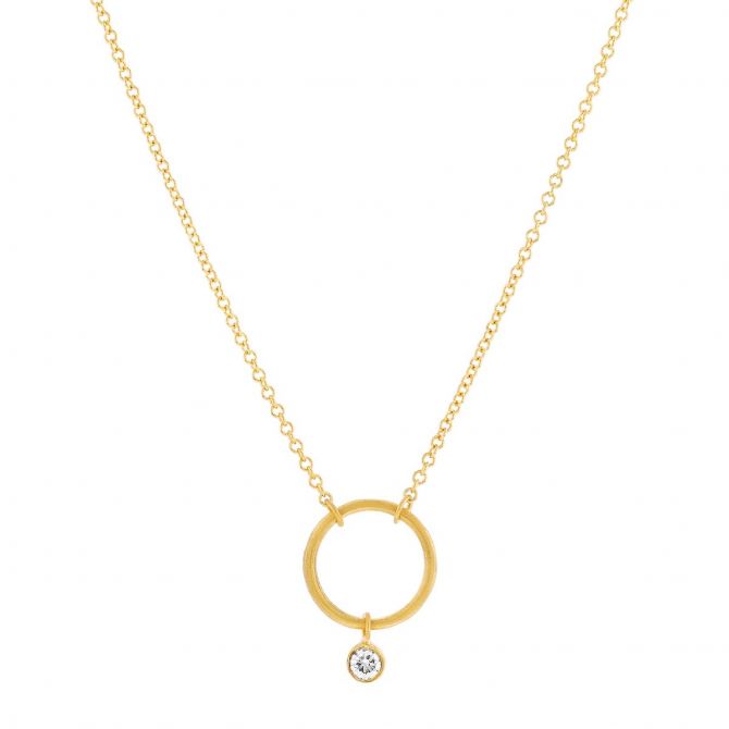 Marika Open Circle Pendant with Drop Bezel Set Diamond in Matte Yellow Gold, 18"
