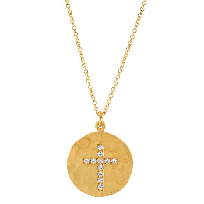 Marika Diamond Cross Hammered Circle Pendant in Yellow Gold, 18"