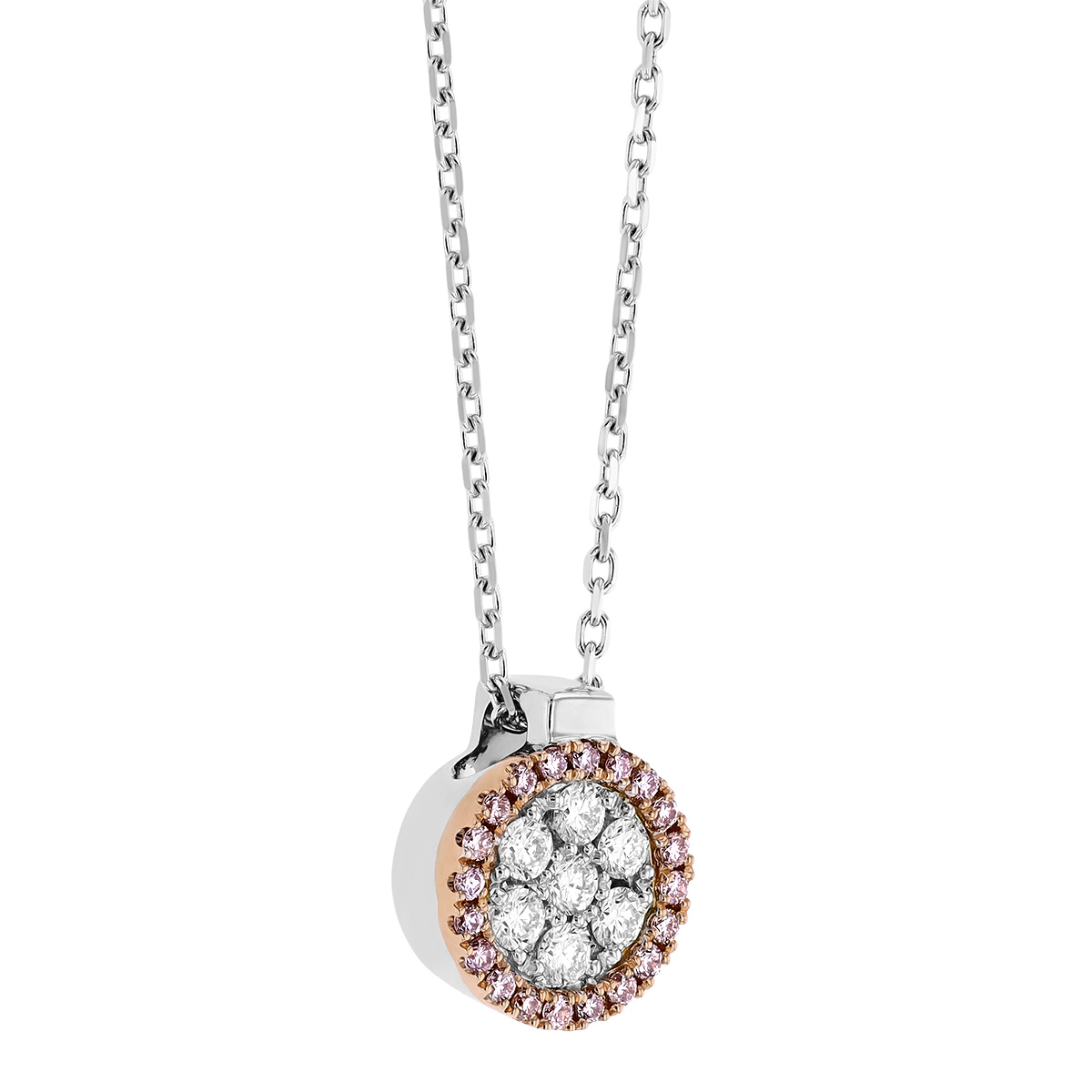 Frederic Sage Pink & White Diamond Circle Pendant in White & Rose Gold, 16