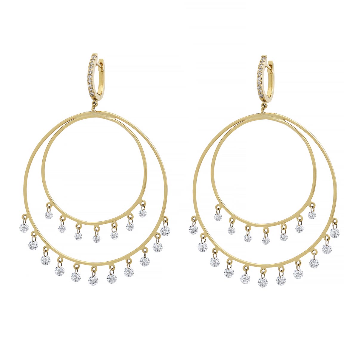 Aresa Diamond Fringe Double Circle Dangle Earrings in Yellow Gold