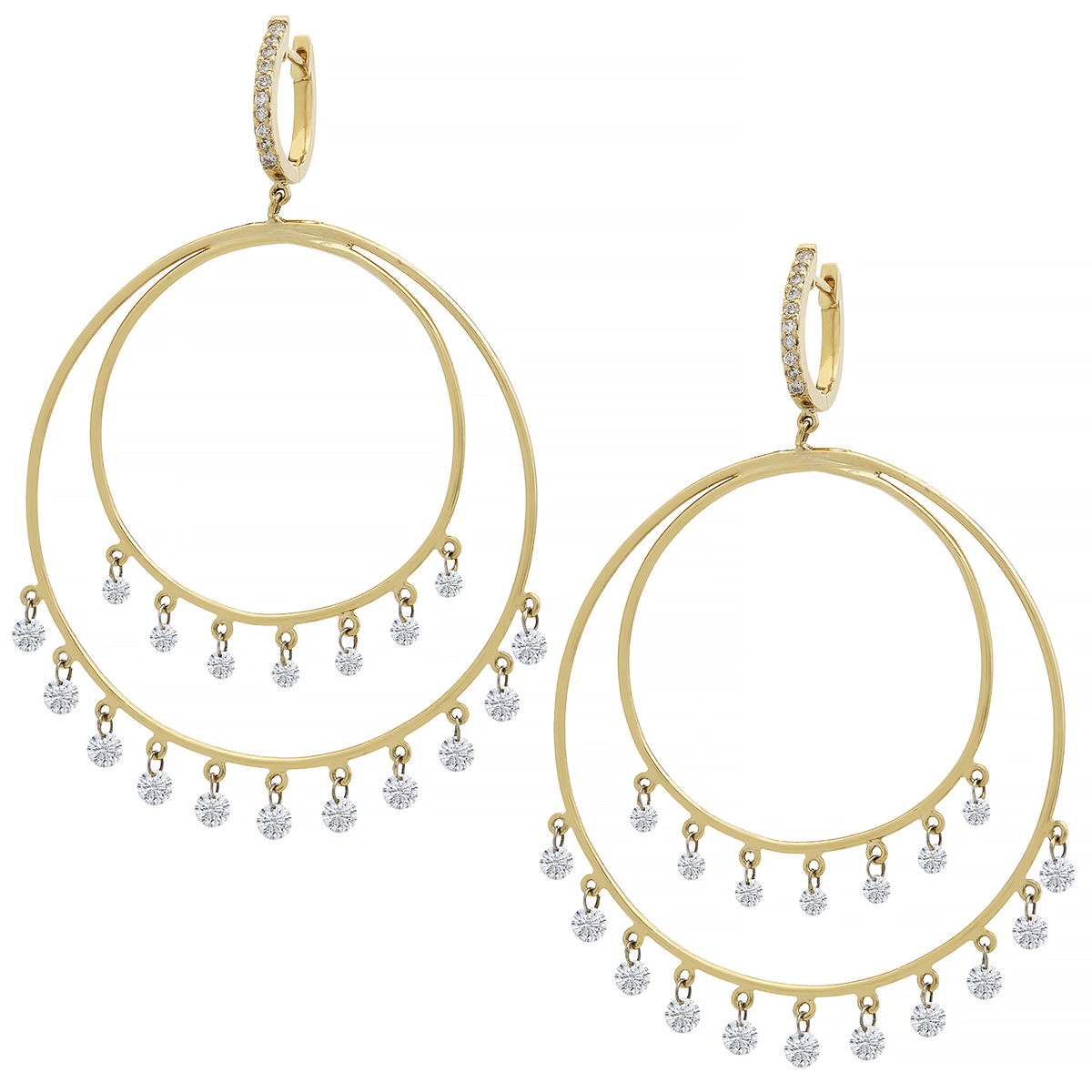 Aresa Diamond Fringe Double Circle Dangle Earrings in Yellow Gold