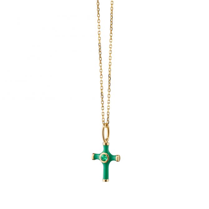 Monica Rich Kosann 18K Yellow Gold Cross Necklace with Green Sapphire