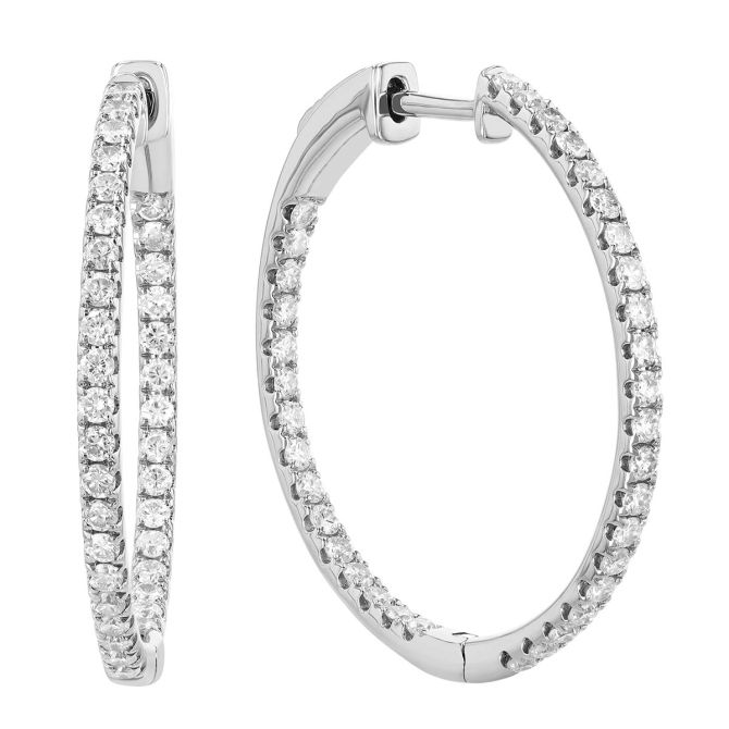 Round Diamond In & Out Hoop Earrings in White Gold, 1.00 cttw