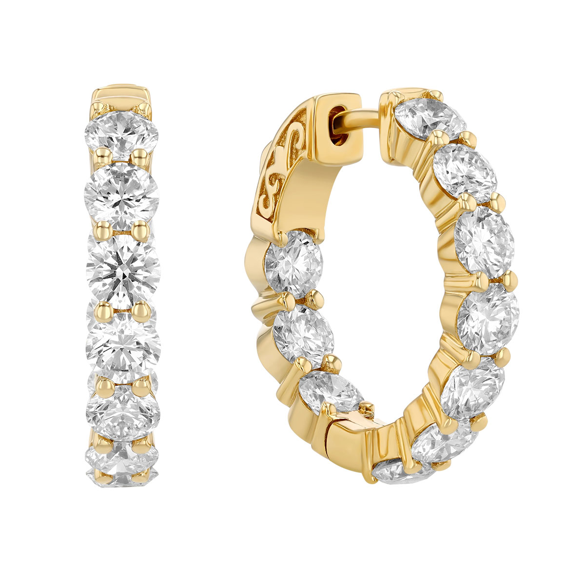 Round Diamond In & Out Hoop Earrings in Yellow Gold, 4.00 cttw