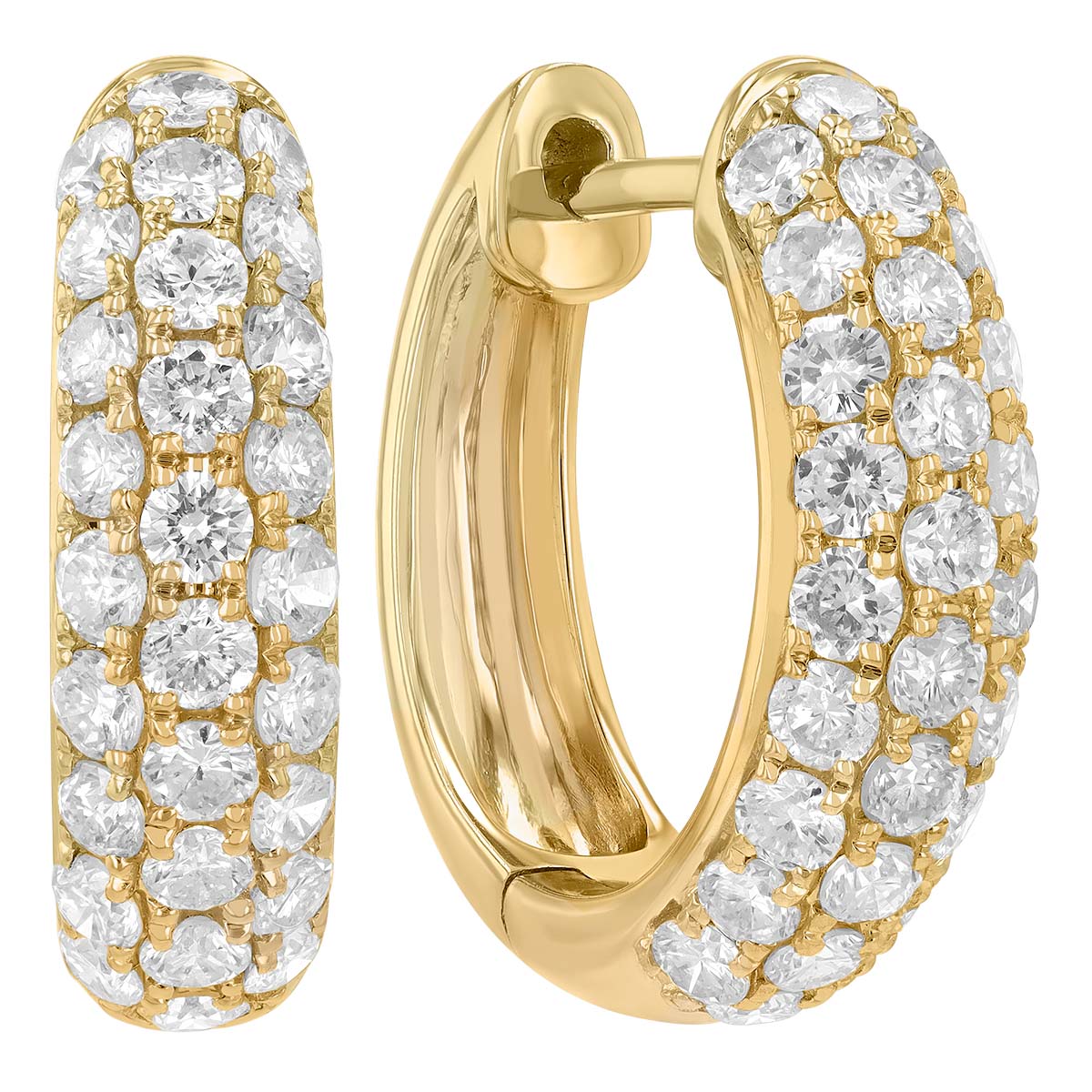Diamond Pavé 3 Row Huggie Hoop Earrings in Yellow Gold