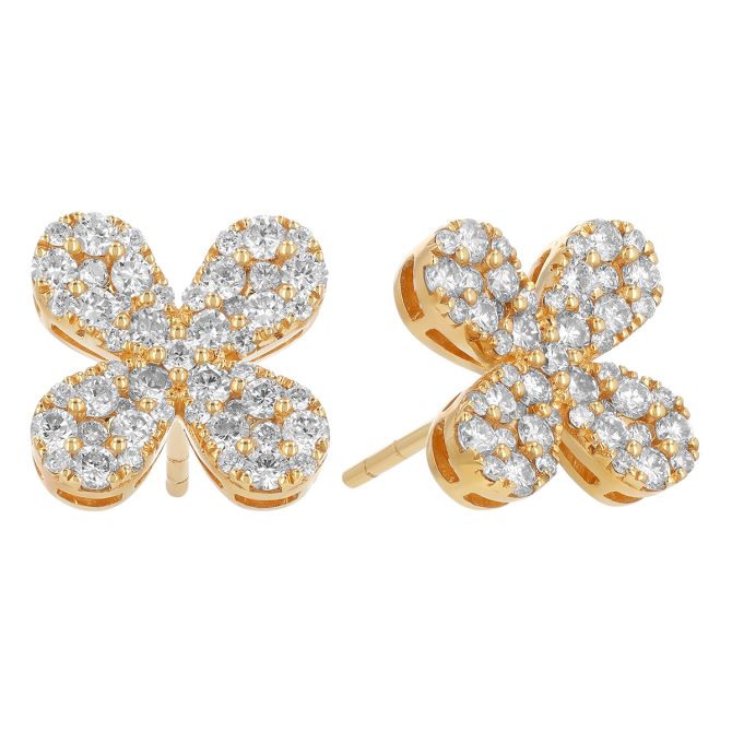 Diamond Pavé Four Petal Stud Earrings in Yellow Gold