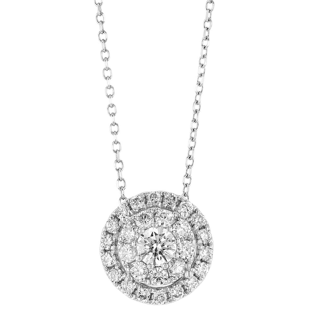 Round Diamond Double Halo Necklace in White Gold, 16