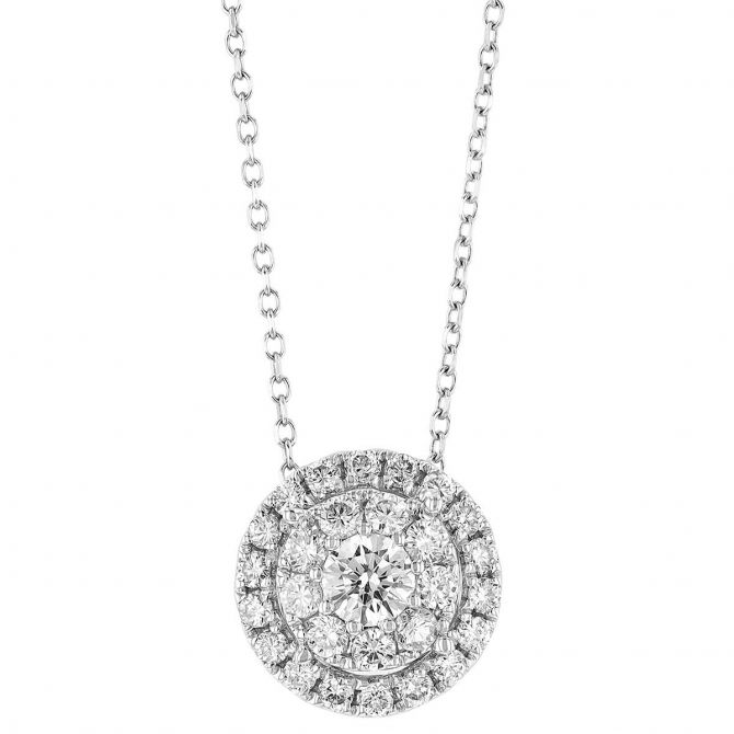 Round Diamond Double Halo Necklace in White Gold, 16"
