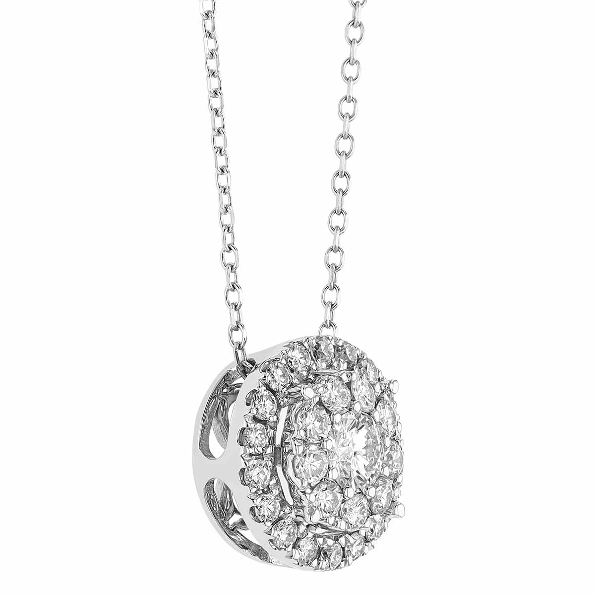 Round Diamond Double Halo Necklace in White Gold, 16