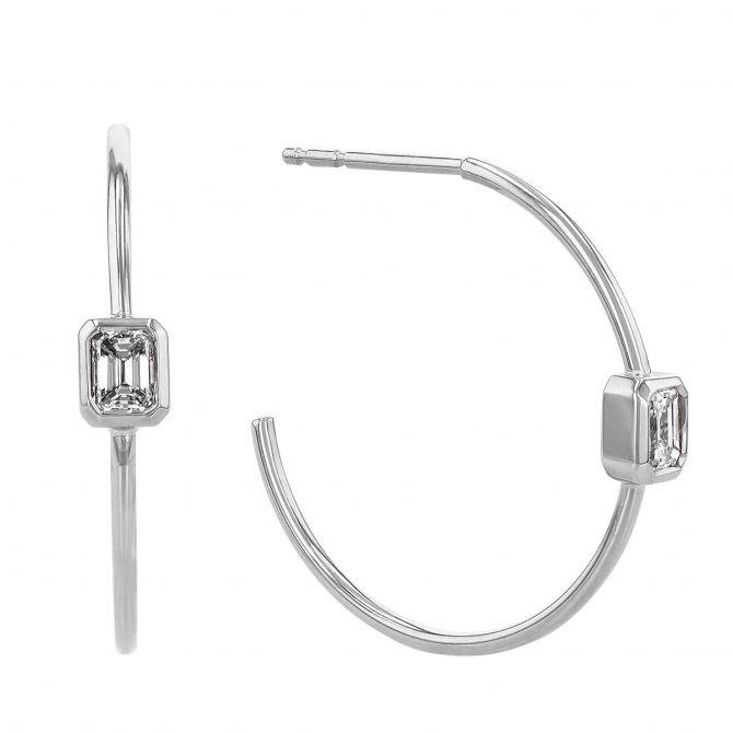 Roberto Coin White Gold Thin Hoop Earrings with Emerald Cut Diamonds
