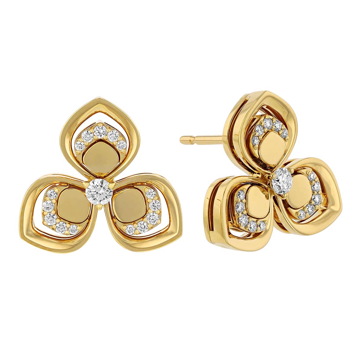 Roberto Coin 3 Petal Diamond Post Earrings in Yellow Gold